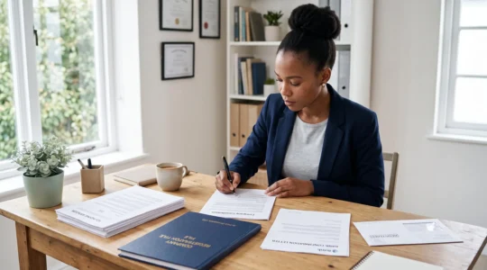 Une entrepreneure debout à son bureau, en train de signer et de classer les documents officiels de création de son entreprise.